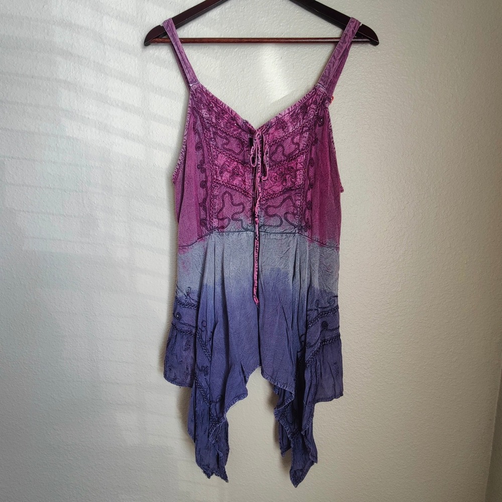 LSI Boho Ombre Handkerchief Hem Top Embroidered Corset Front Hippie Festival XL